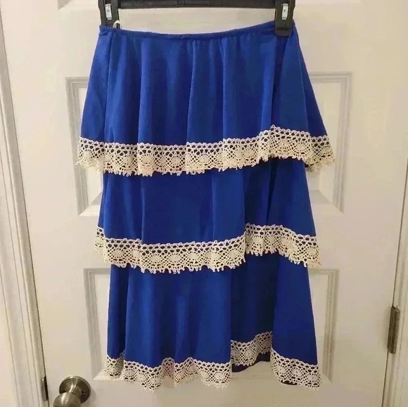 Judith March Tiered Midi Skirt Size S Stretchy Blue White #R423 - Picture 3 of 5